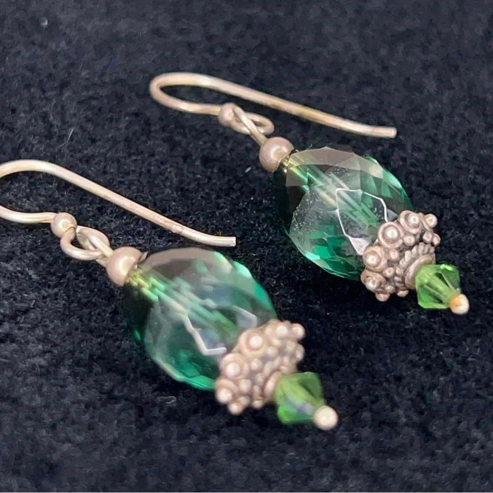 Green Crystal Silver Dangle Beaded Earrings Dangle Boho Glam